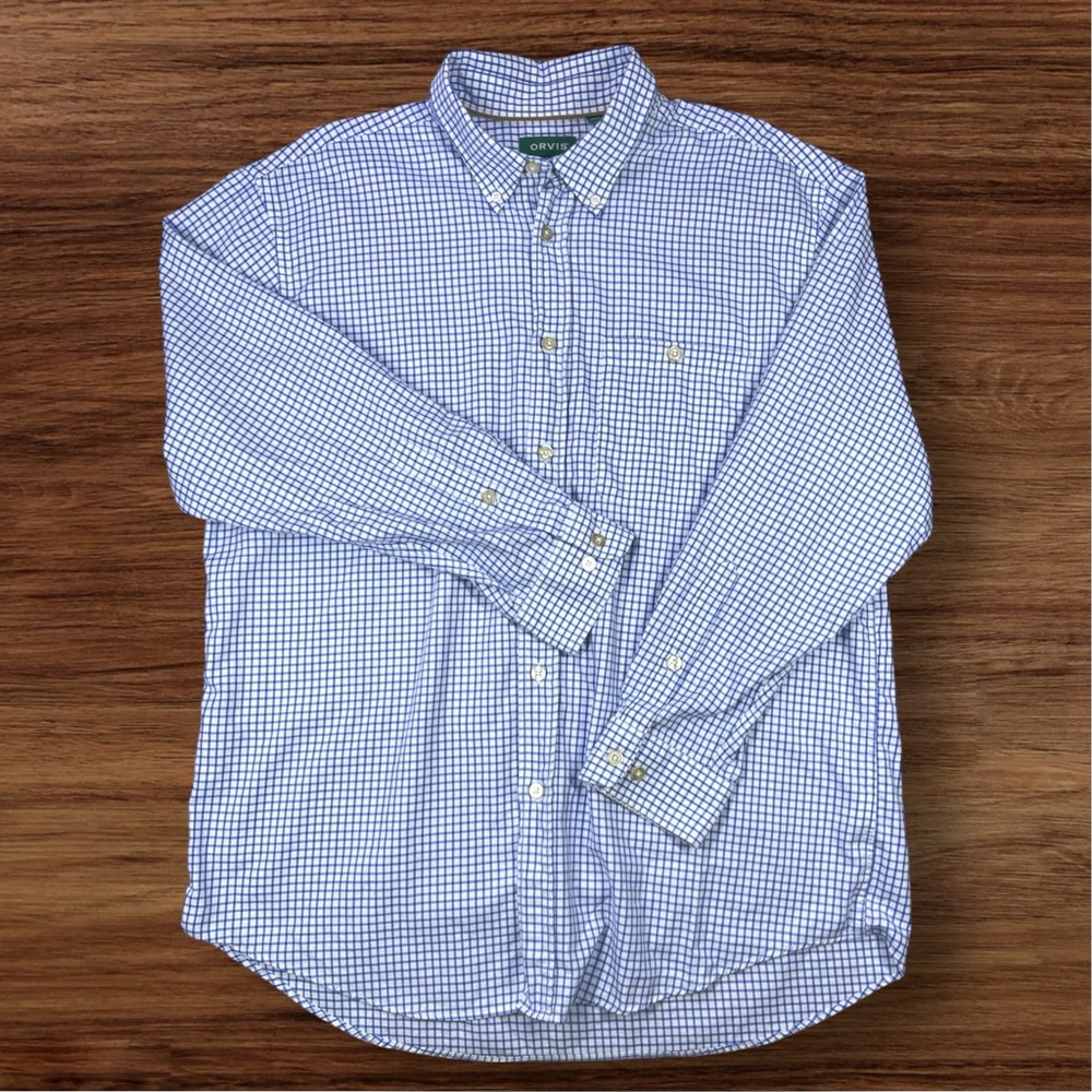 Orvis Men’s White & Blue Check Pattern Long Sleeve Dress Shirt. XL - Picture 2 of 8